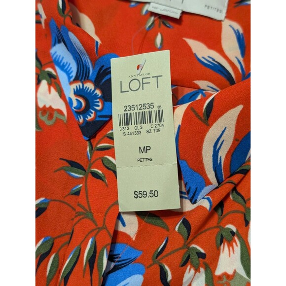 Ann Taylor LOFT Orange Floral Roll Up Sleeve Blouse Sz MP Petite Hidden Buttons - Picture 10 of 11